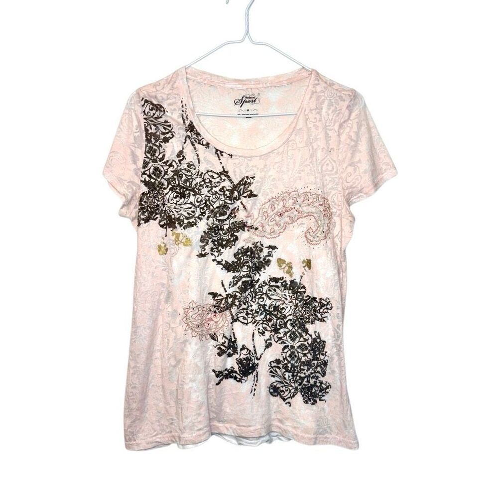 Style & Co. Sport Floral Burnout T-shirt & Tank Layered Set Pink White Medium